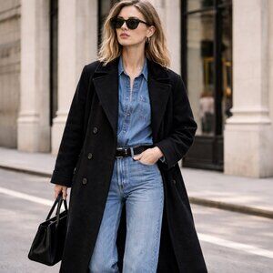 Vintage D’Allaird’s Black Wool Velvet Collar Midi Coat | M/L Oversized Fit